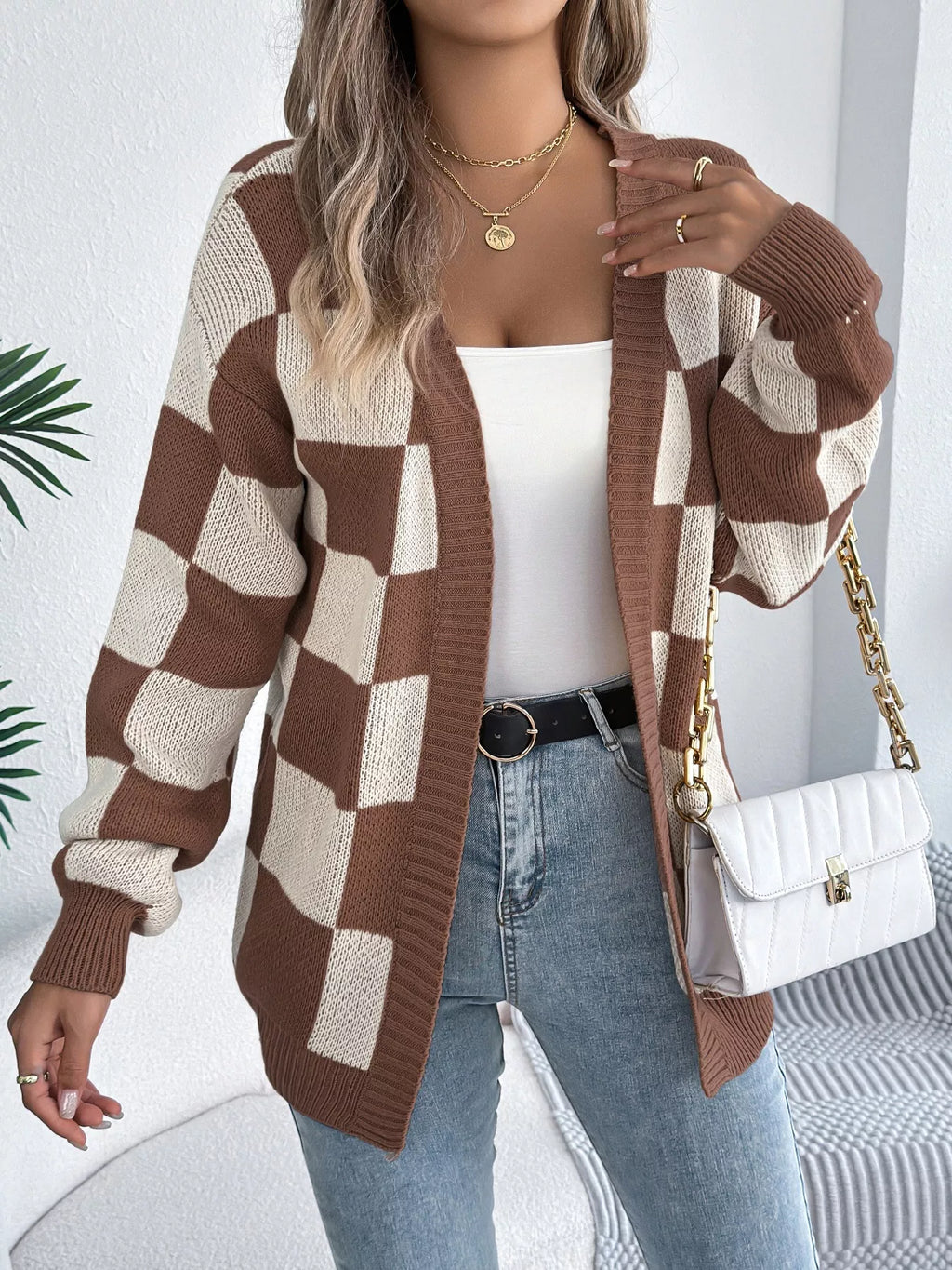 Checkered Pattern Open Front Cardigan - Godess beauty 