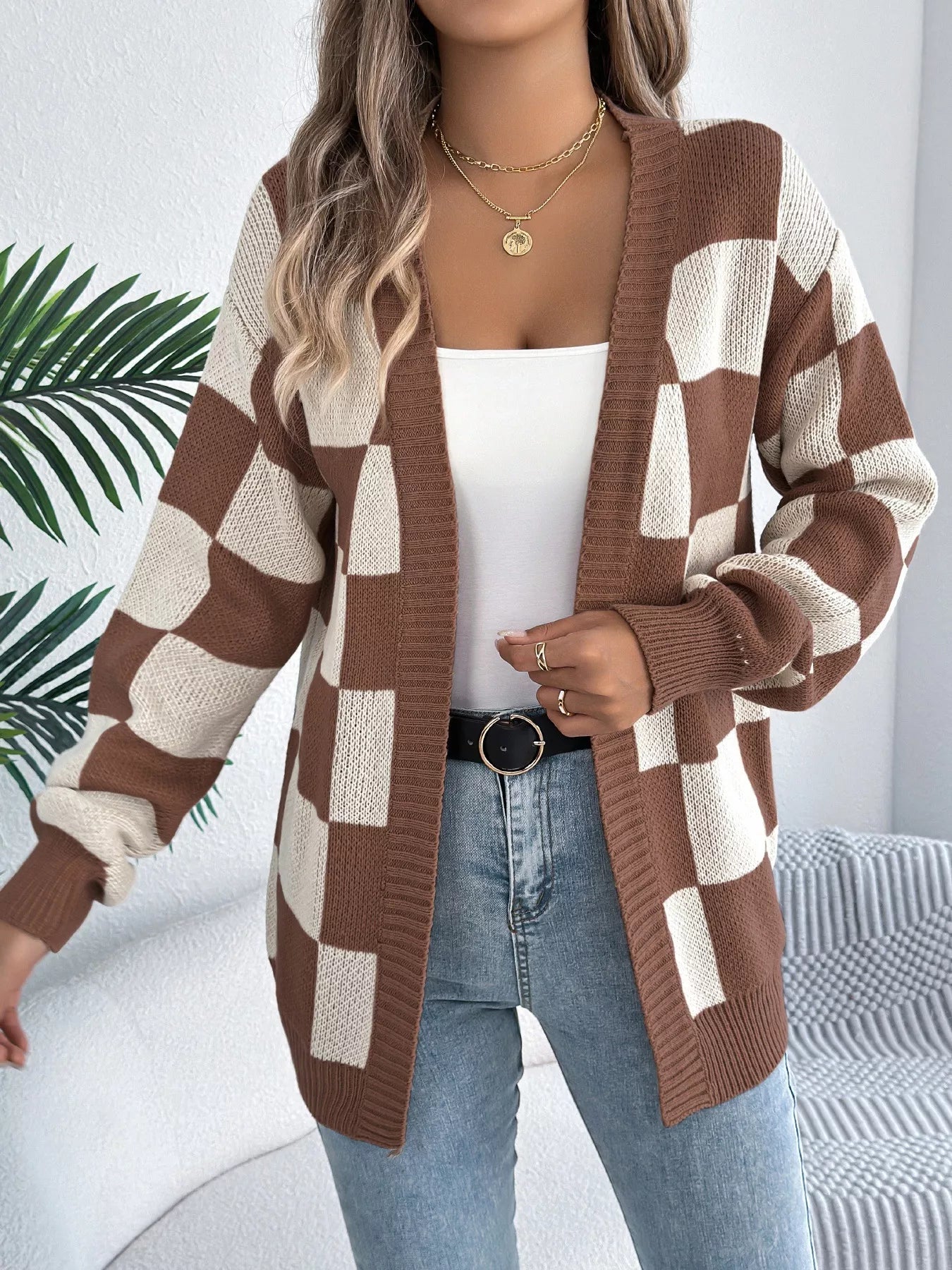 Checkered Pattern Open Front Cardigan - Godess beauty 
