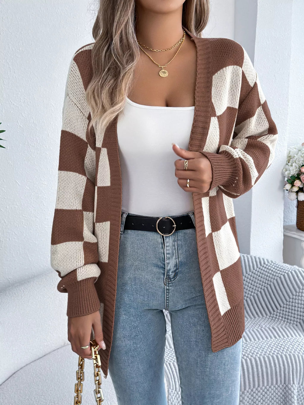 Checkered Pattern Open Front Cardigan - Godess beauty 