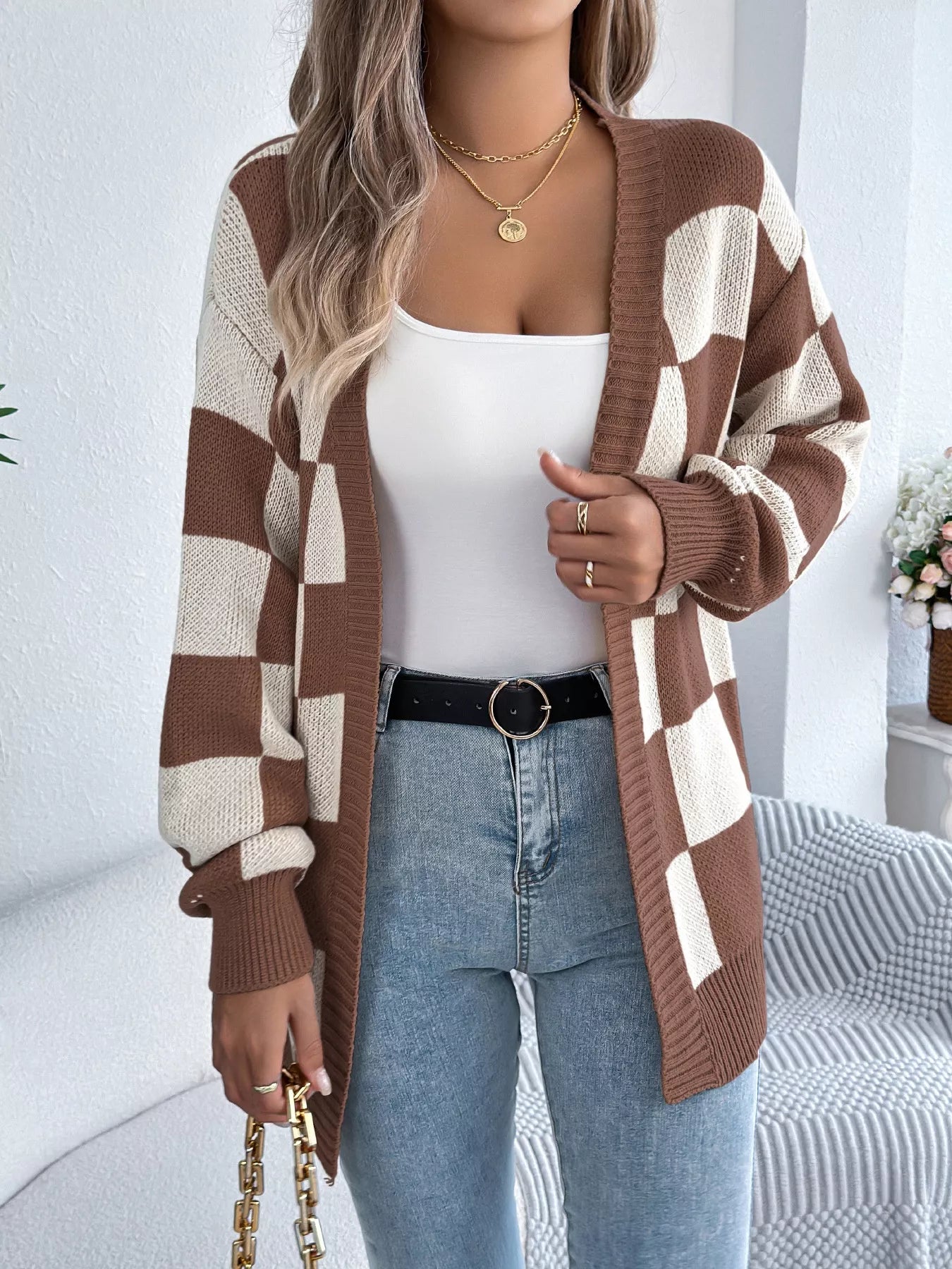 Checkered Pattern Open Front Cardigan - Godess beauty 