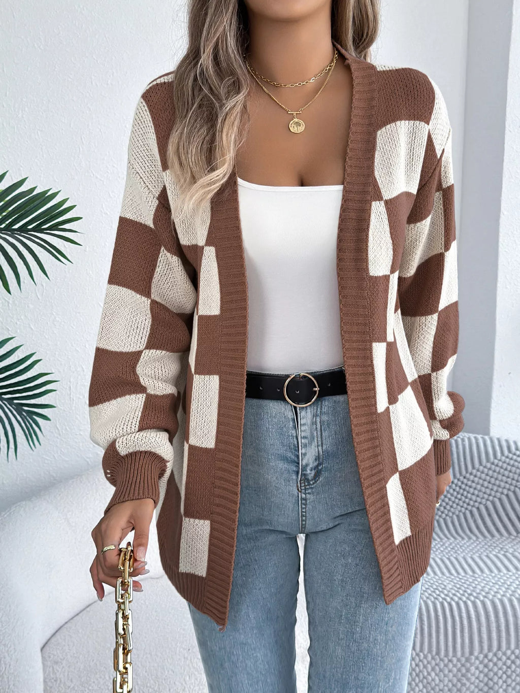 Checkered Pattern Open Front Cardigan - Godess beauty 