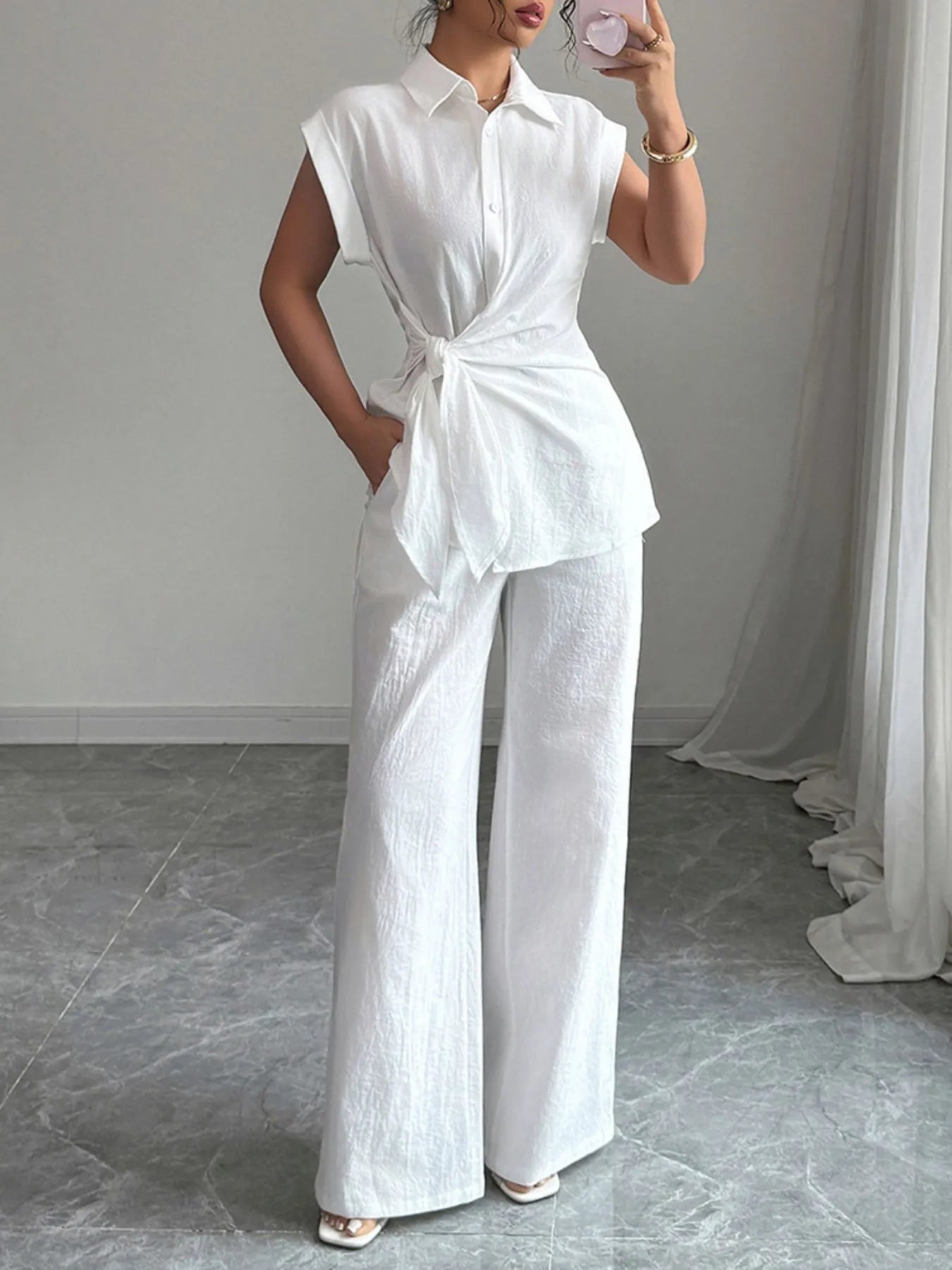 Collared Neck Cap Sleeve Top and Pants Set - Godess beauty 