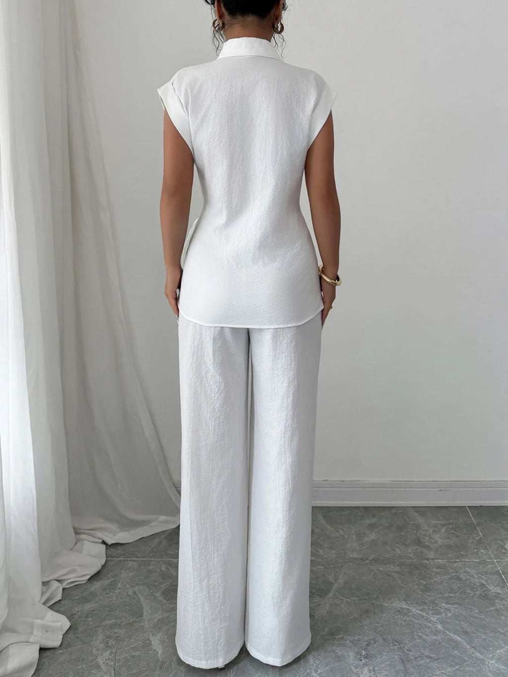 Collared Neck Cap Sleeve Top and Pants Set - Godess beauty 