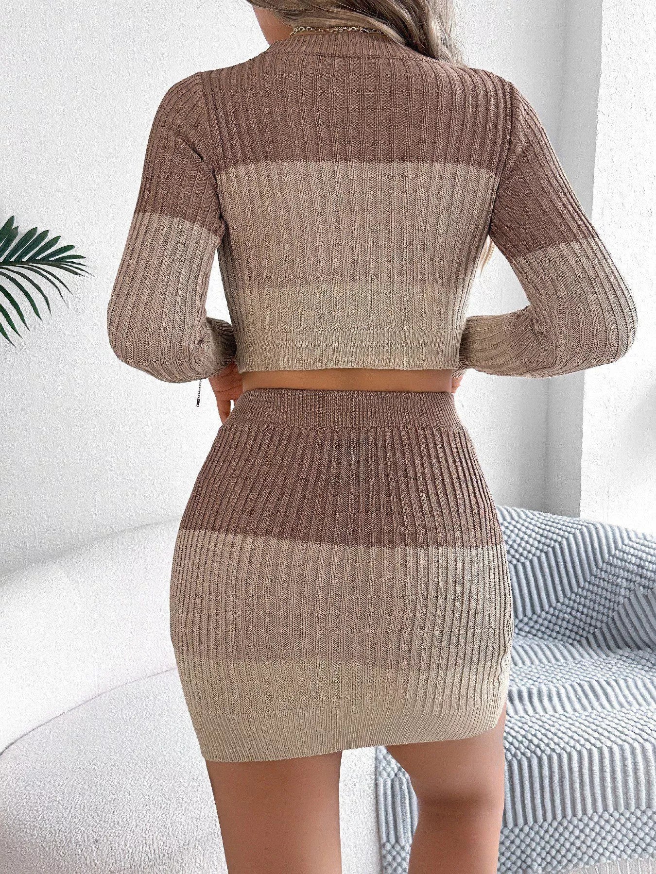 Color Block Ribbed Knit Top and Skirt Sweater Set - Godess beauty 
