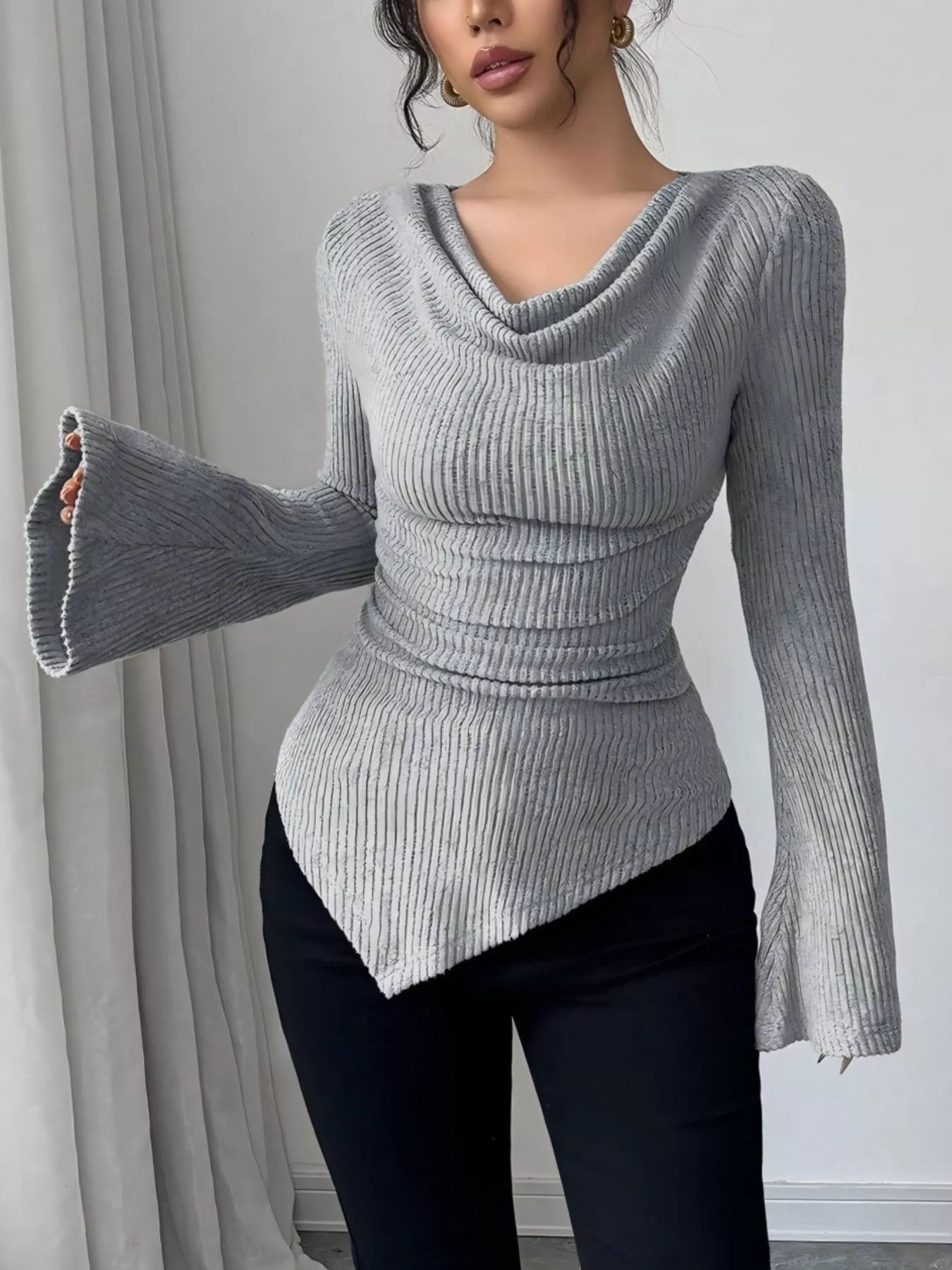 Cowl Neck Flare Sleeve Top - Godess beauty 