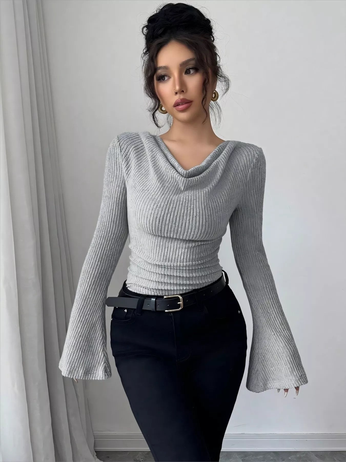 Cowl Neck Flare Sleeve Top - Godess beauty 