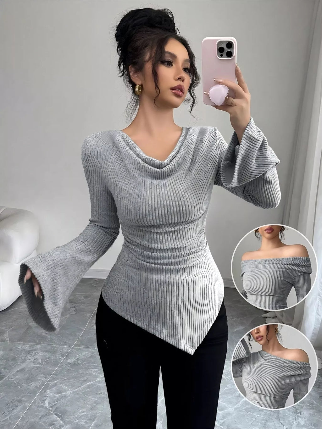 Cowl Neck Flare Sleeve Top - Godess beauty 