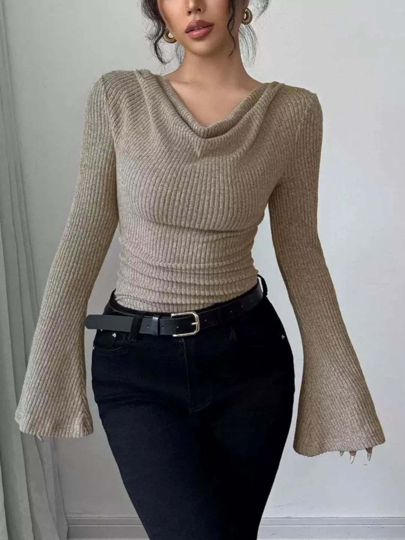 Cowl Neck Flare Sleeve Top - Godess beauty 
