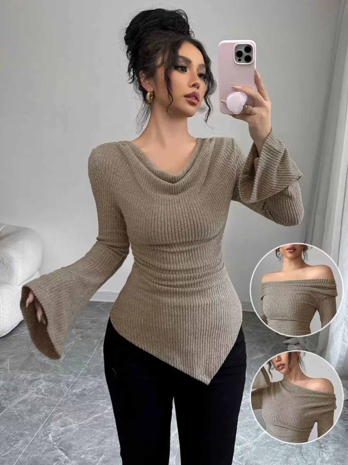 Cowl Neck Flare Sleeve Top - Godess beauty 