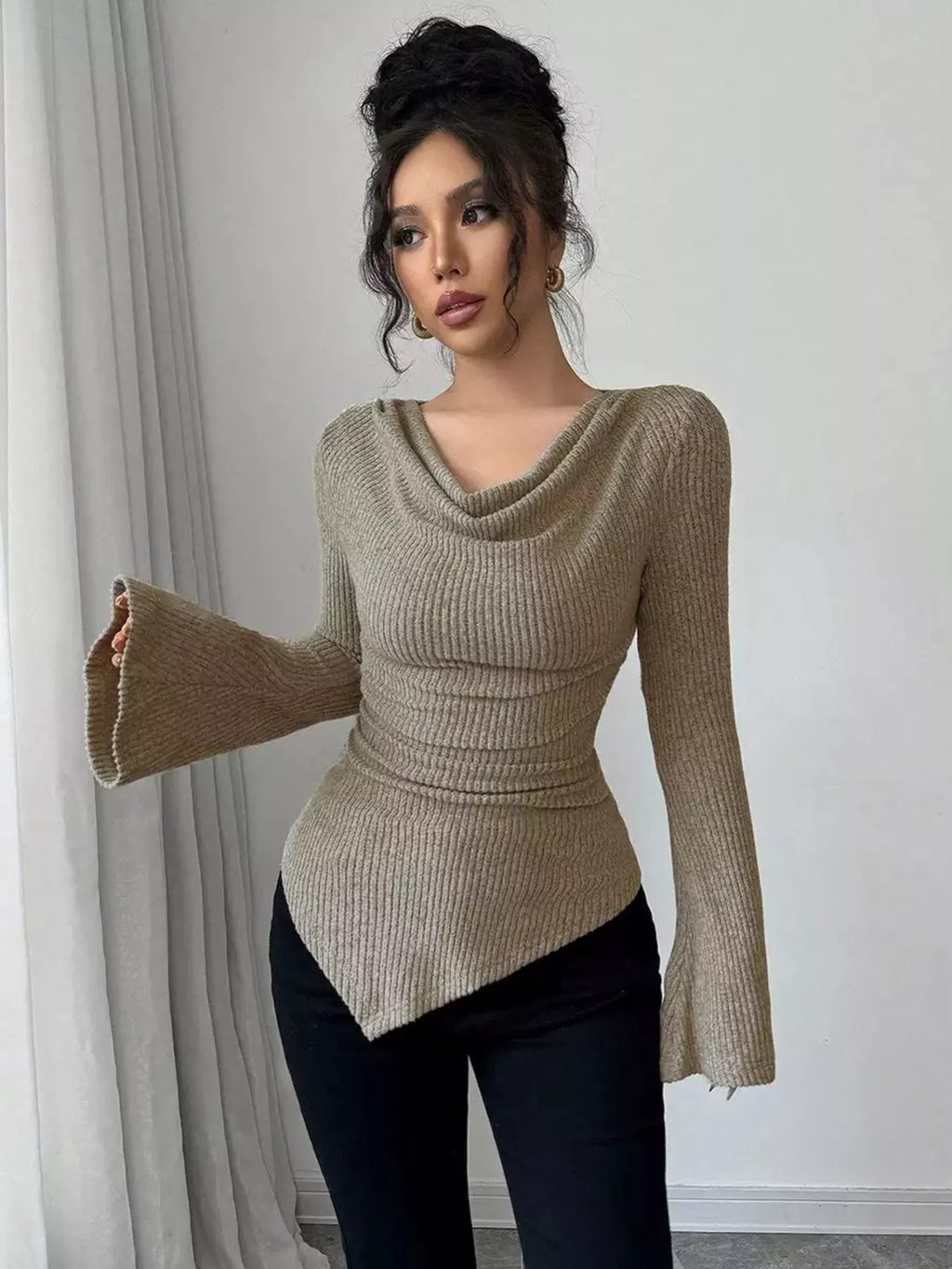 Cowl Neck Flare Sleeve Top - Godess beauty 