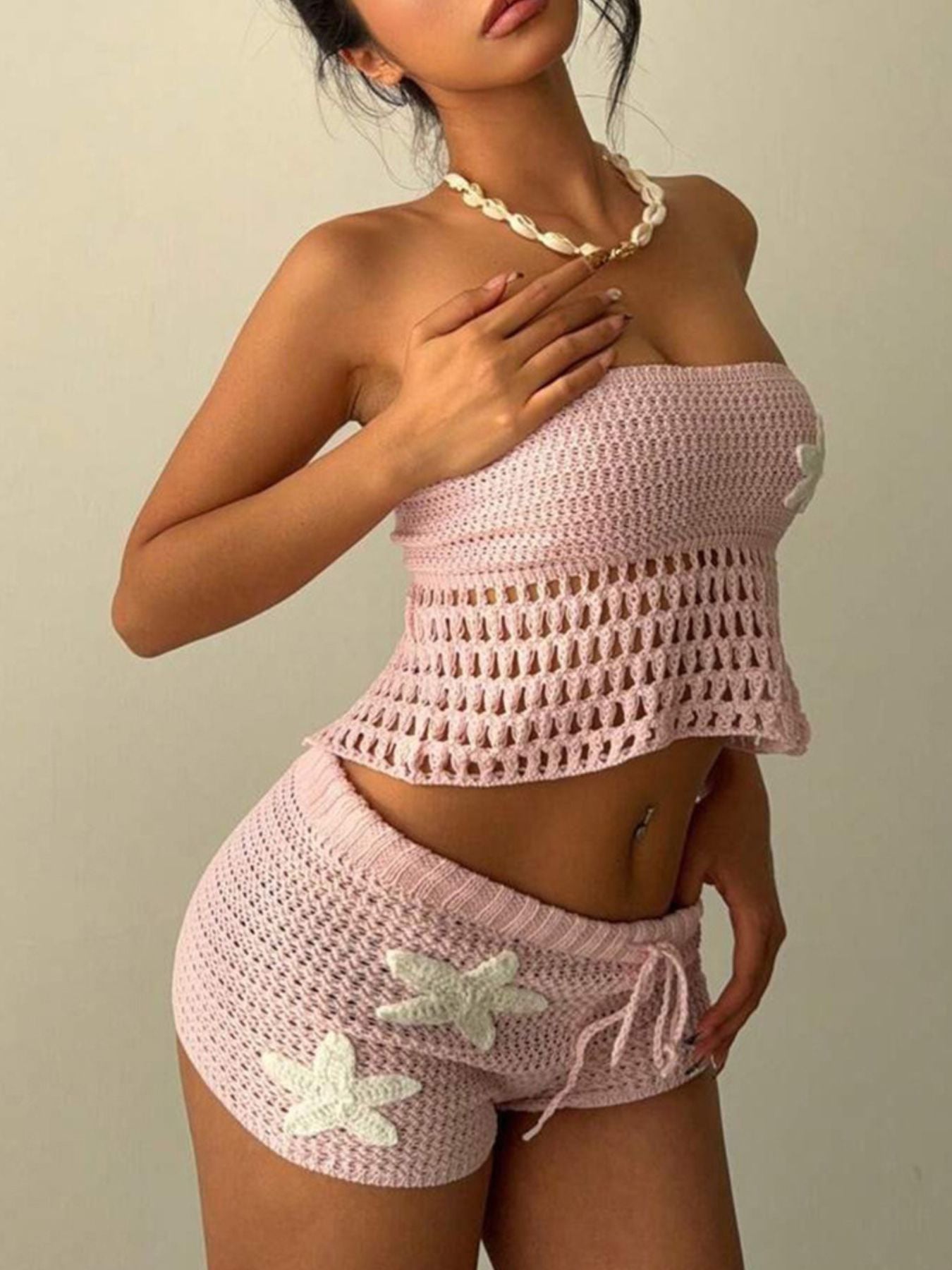 Crochet Tube Top and Shorts Sweater Set - Godess beauty 