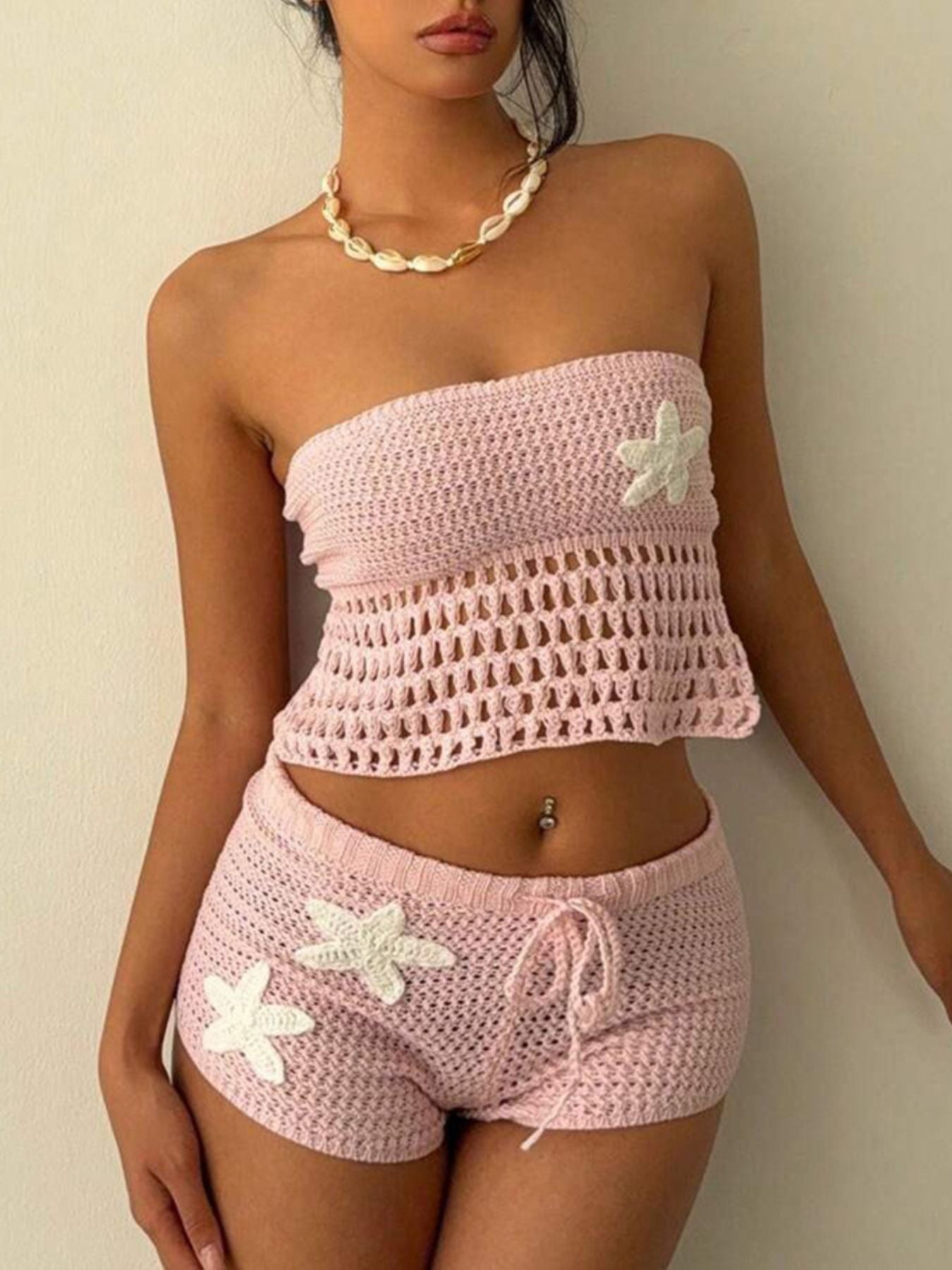 Crochet Tube Top and Shorts Sweater Set - Godess beauty 