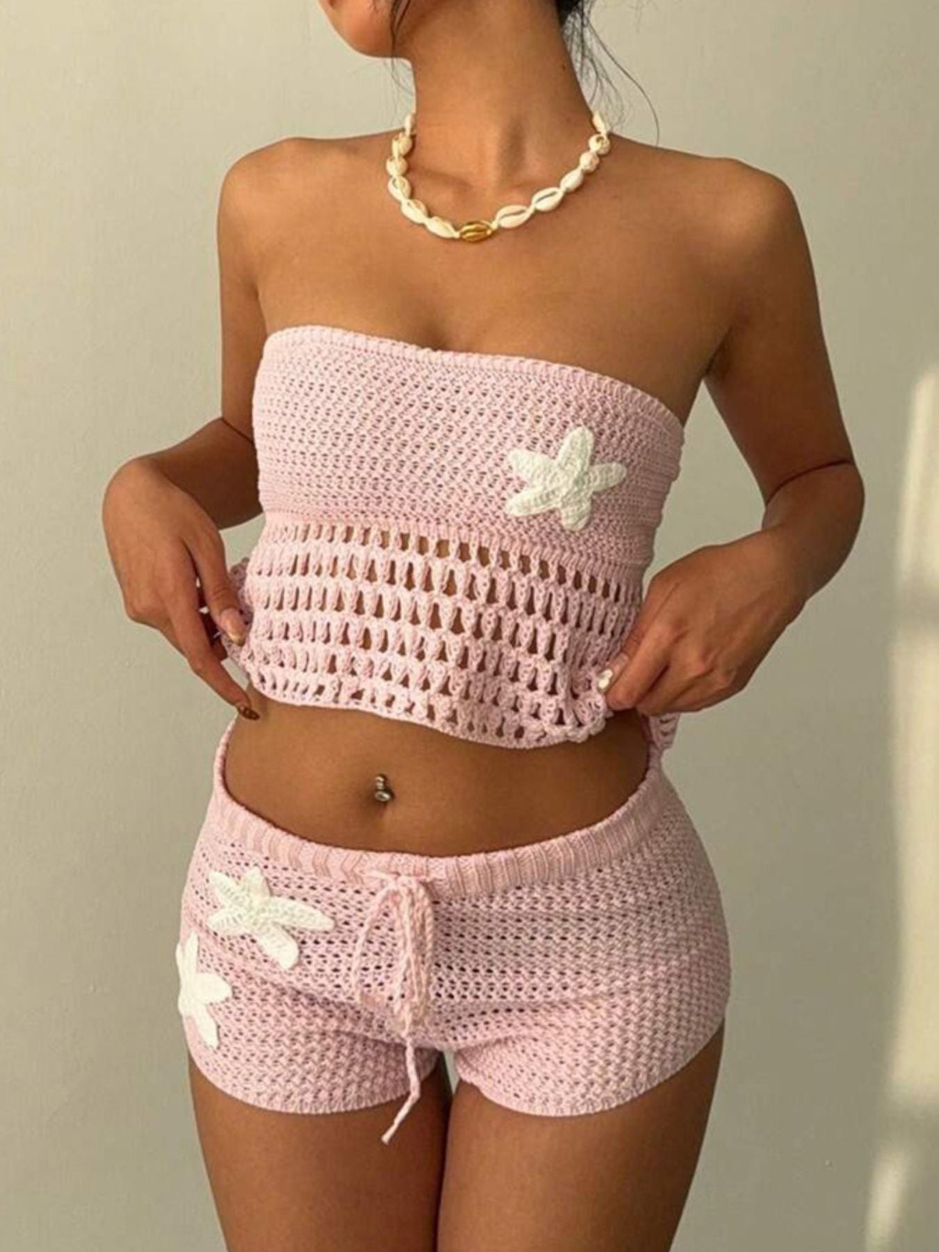 Crochet Tube Top and Shorts Sweater Set - Godess beauty 