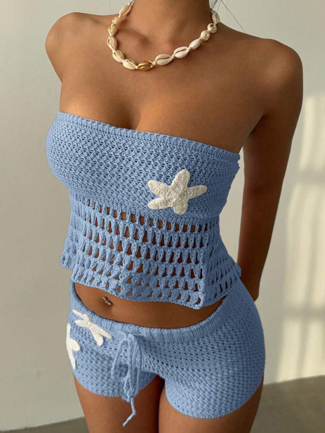 Crochet Tube Top and Shorts Sweater Set - Godess beauty 