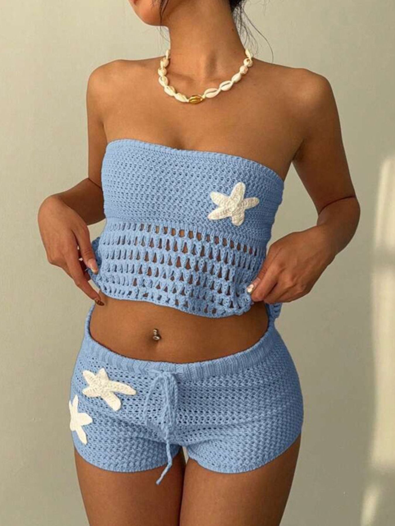 Crochet Tube Top and Shorts Sweater Set - Godess beauty 