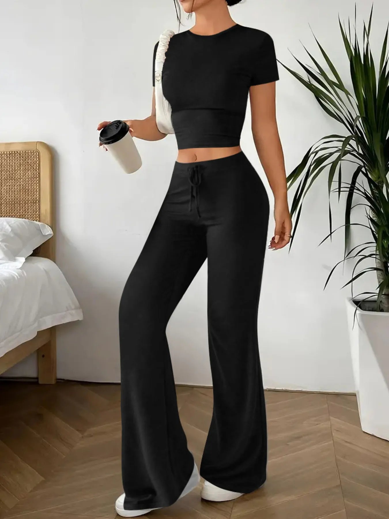 Crop Top and Wide Leg Pants Matching Set - Godess beauty 