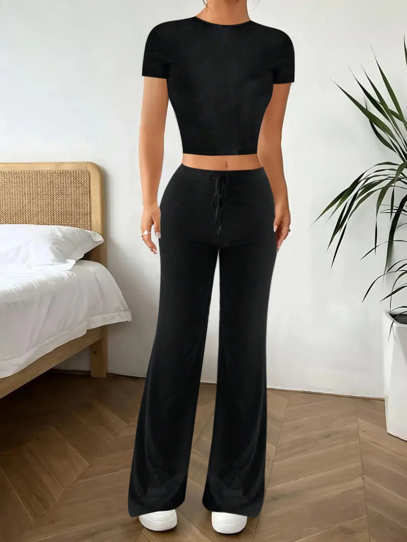Crop Top and Wide Leg Pants Matching Set - Godess beauty 