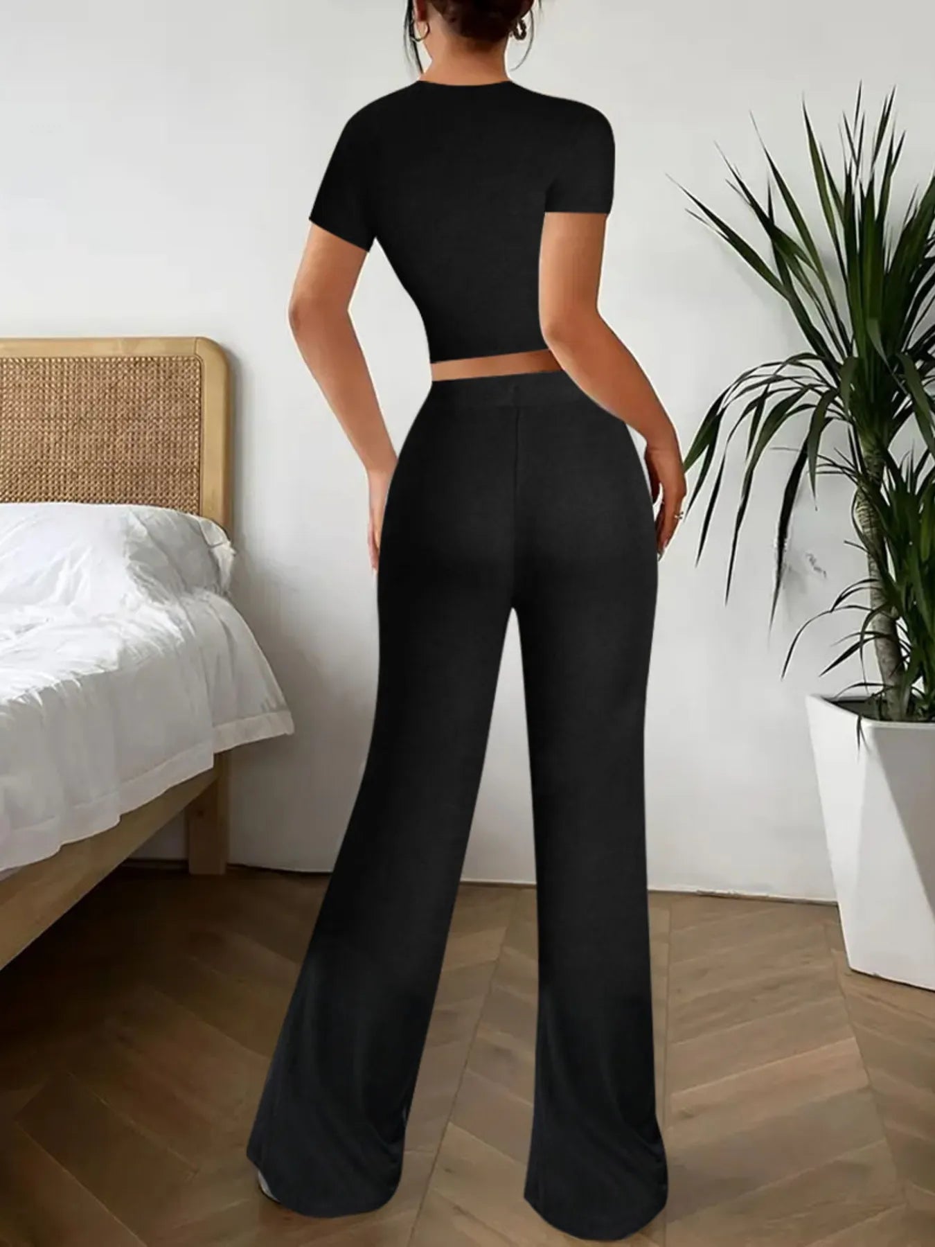 Crop Top and Wide Leg Pants Matching Set - Godess beauty 