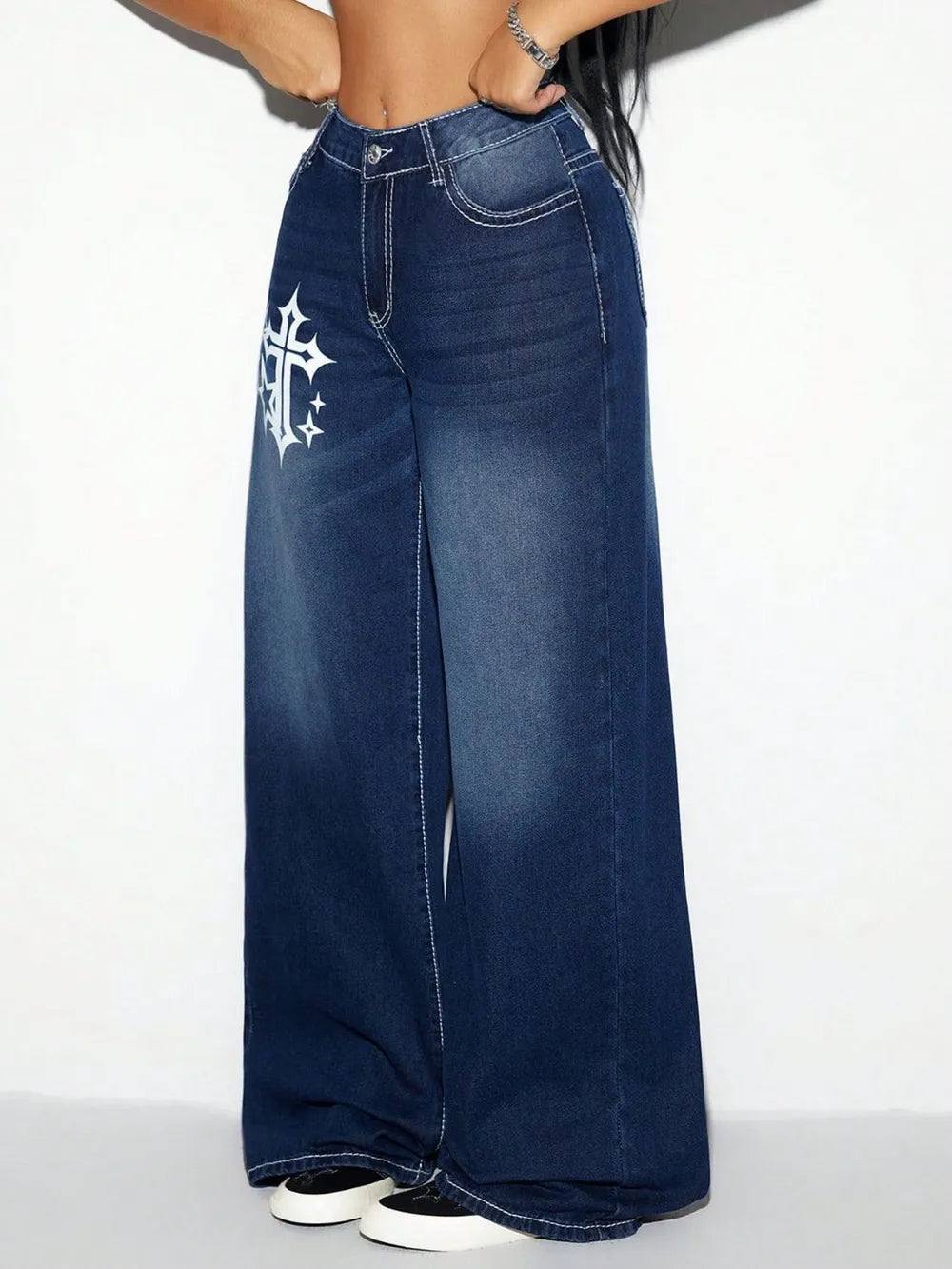 Cross Wide Leg Jeans - Godess beauty 