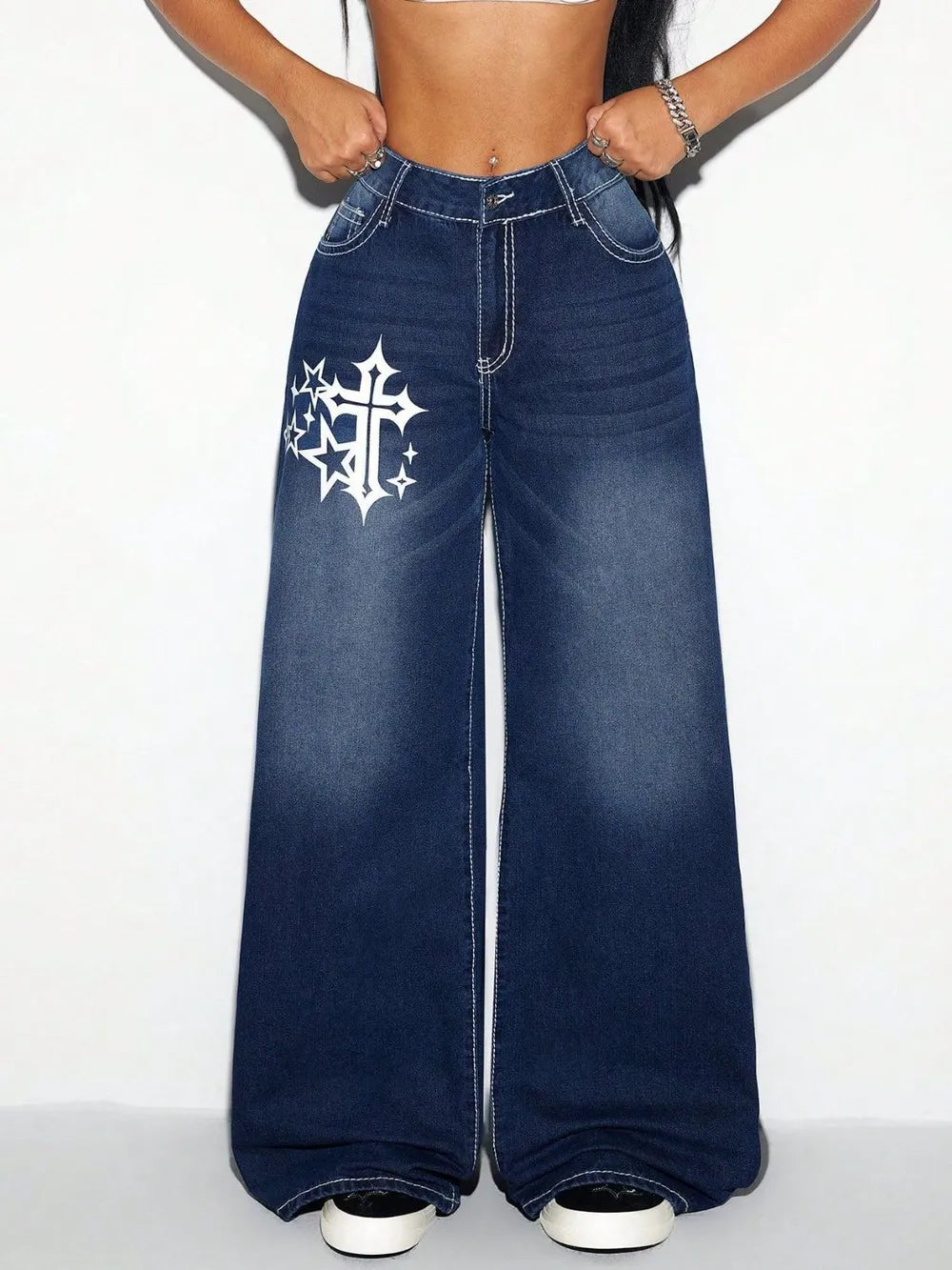 Cross Wide Leg Jeans - Godess beauty 
