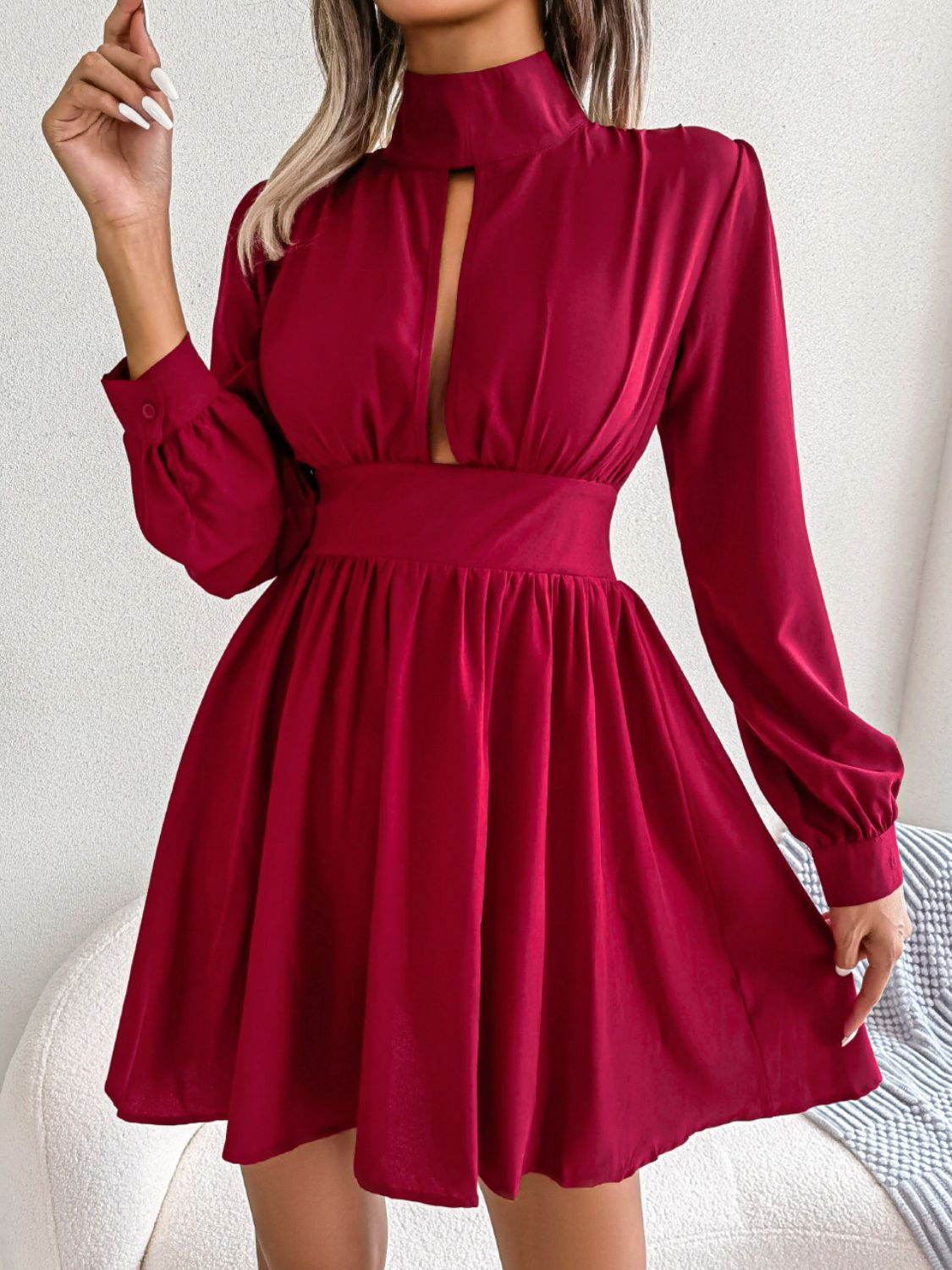 Cutout Turtleneck A-Line Mini Dress - Godess beauty 