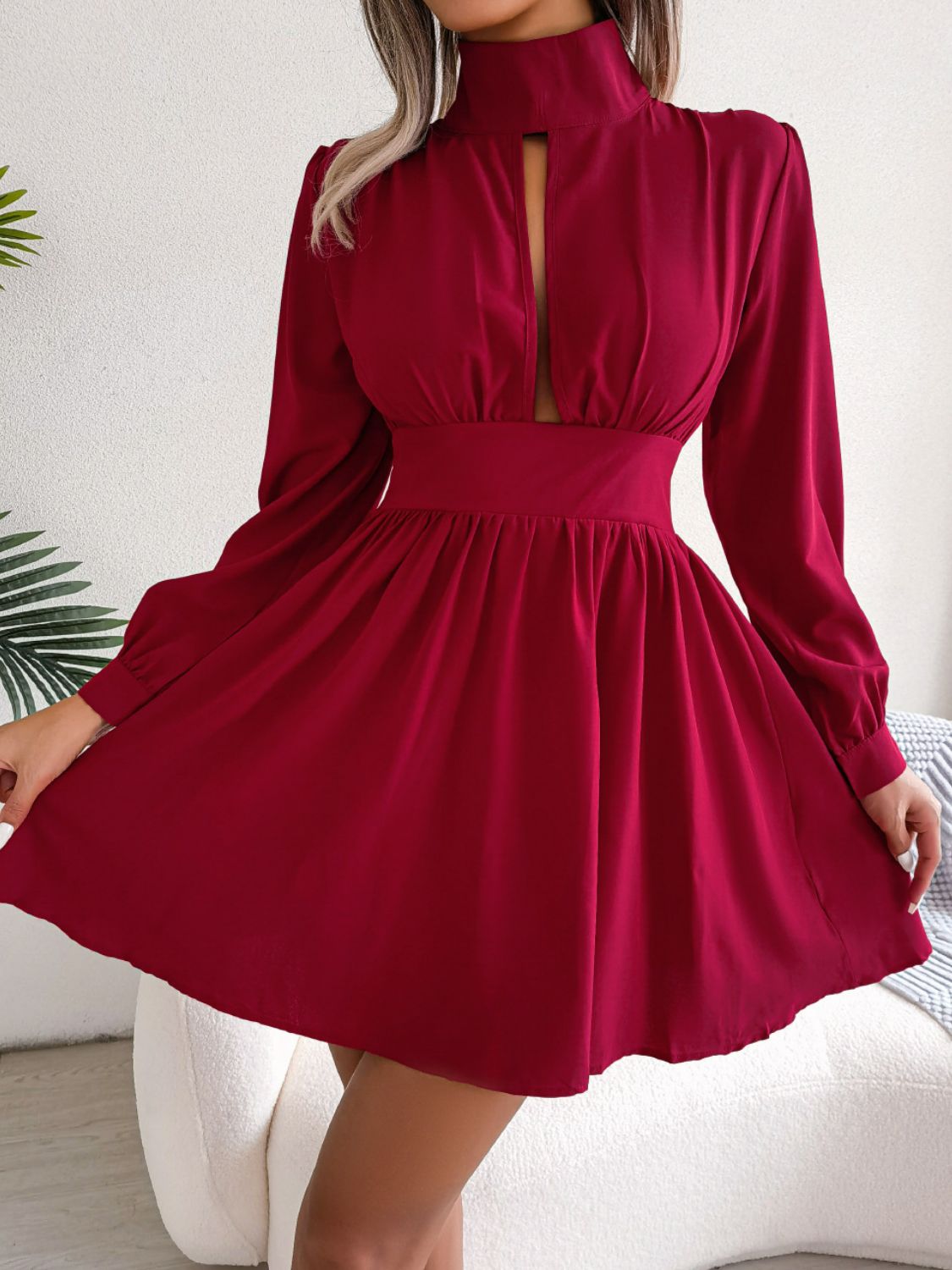 Cutout Turtleneck A-Line Mini Dress - Godess beauty 