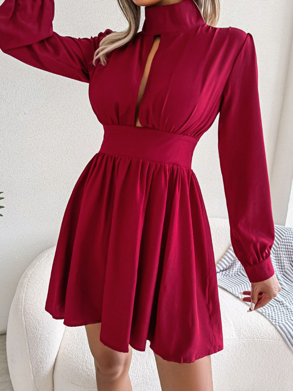 Cutout Turtleneck A-Line Mini Dress - Godess beauty 