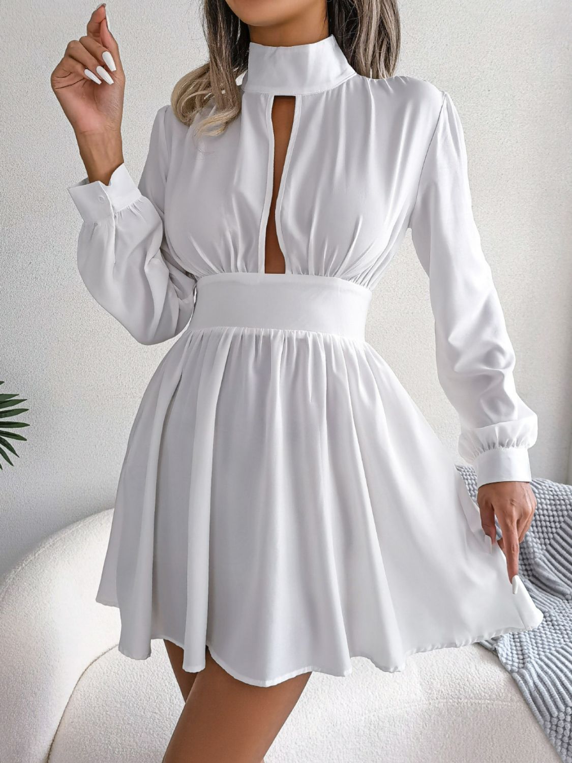 Cutout Turtleneck A-Line Mini Dress - Godess beauty 