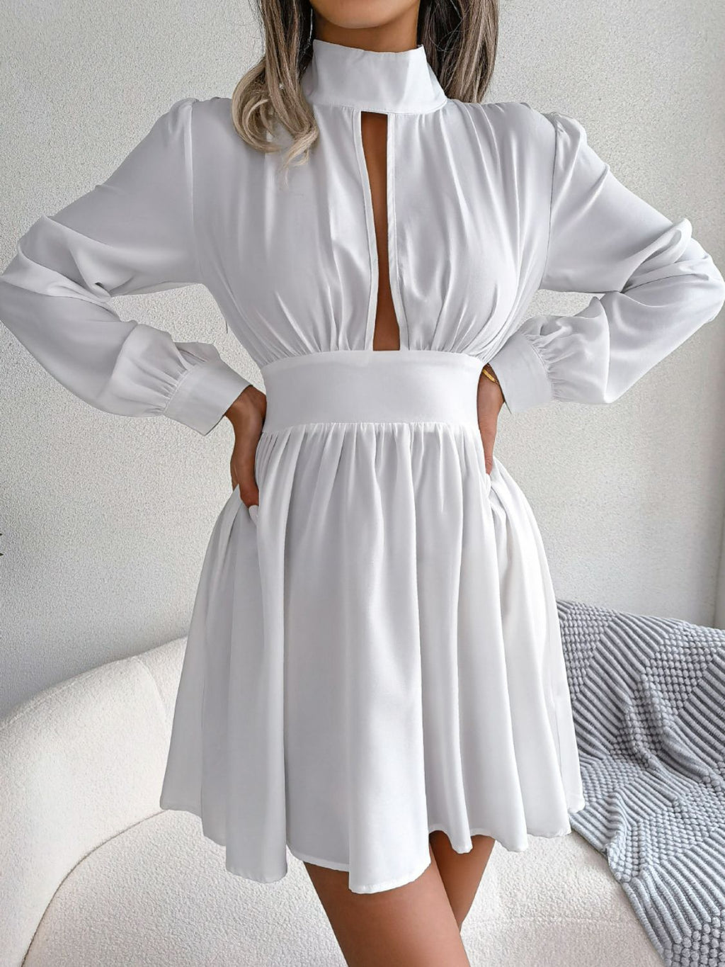Cutout Turtleneck A-Line Mini Dress - Godess beauty 