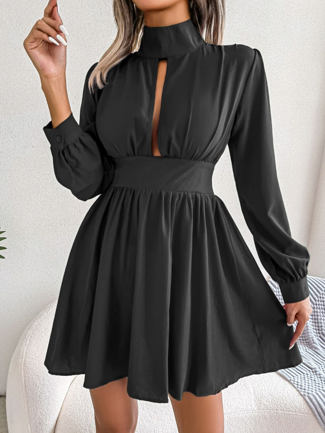 Cutout Turtleneck A-Line Mini Dress - Godess beauty 