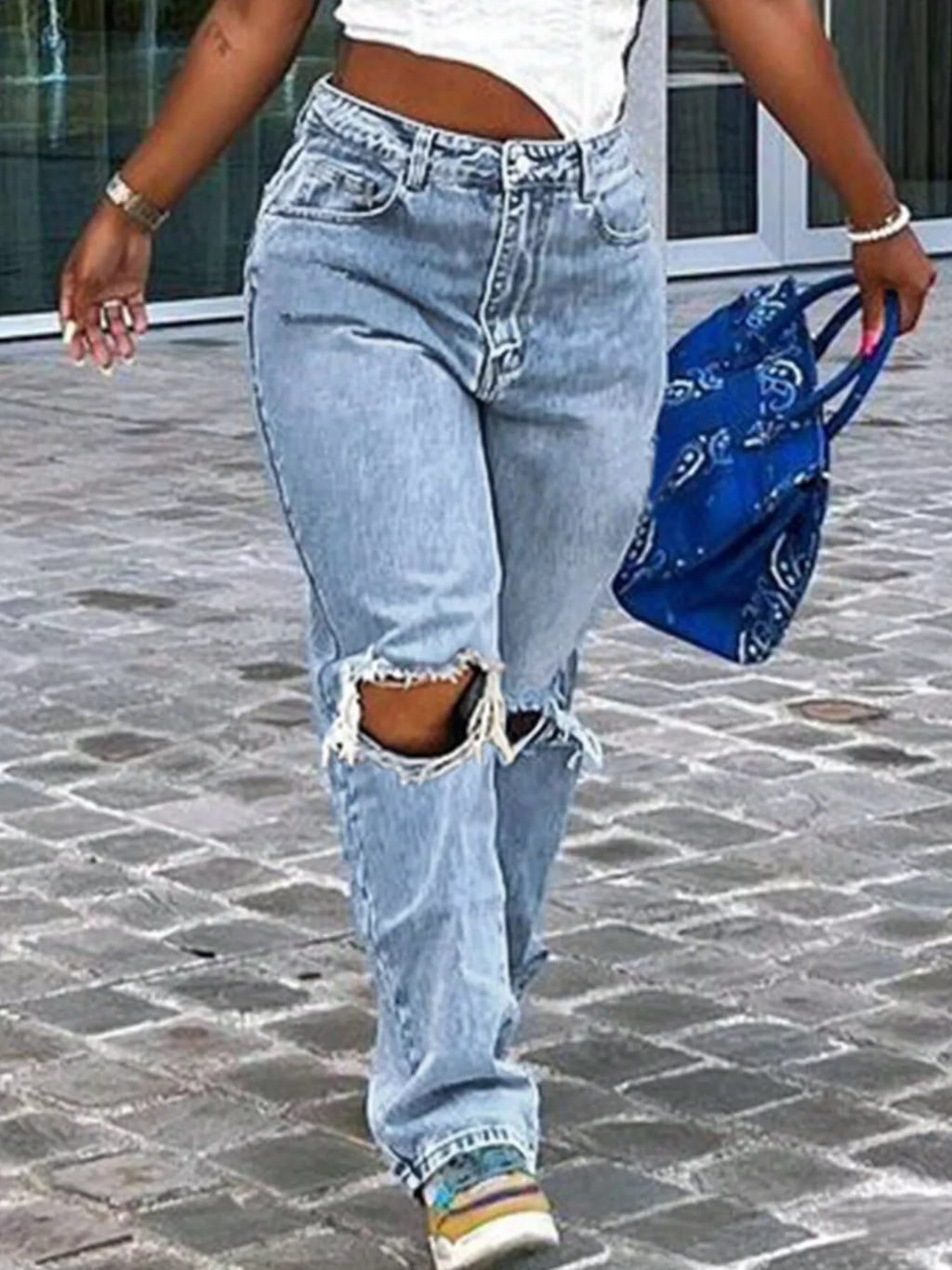 Distressed High-Waisted Jeans - Godess beauty 