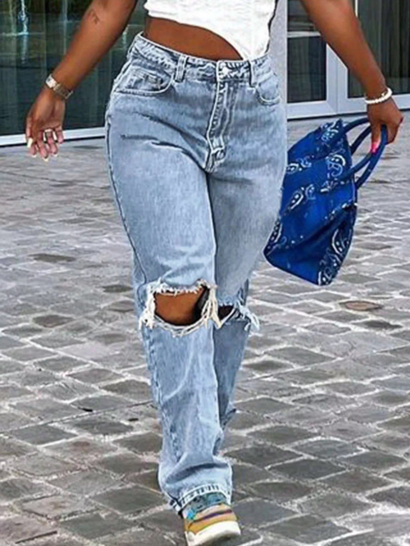 Distressed High-Waisted Jeans - Godess beauty 