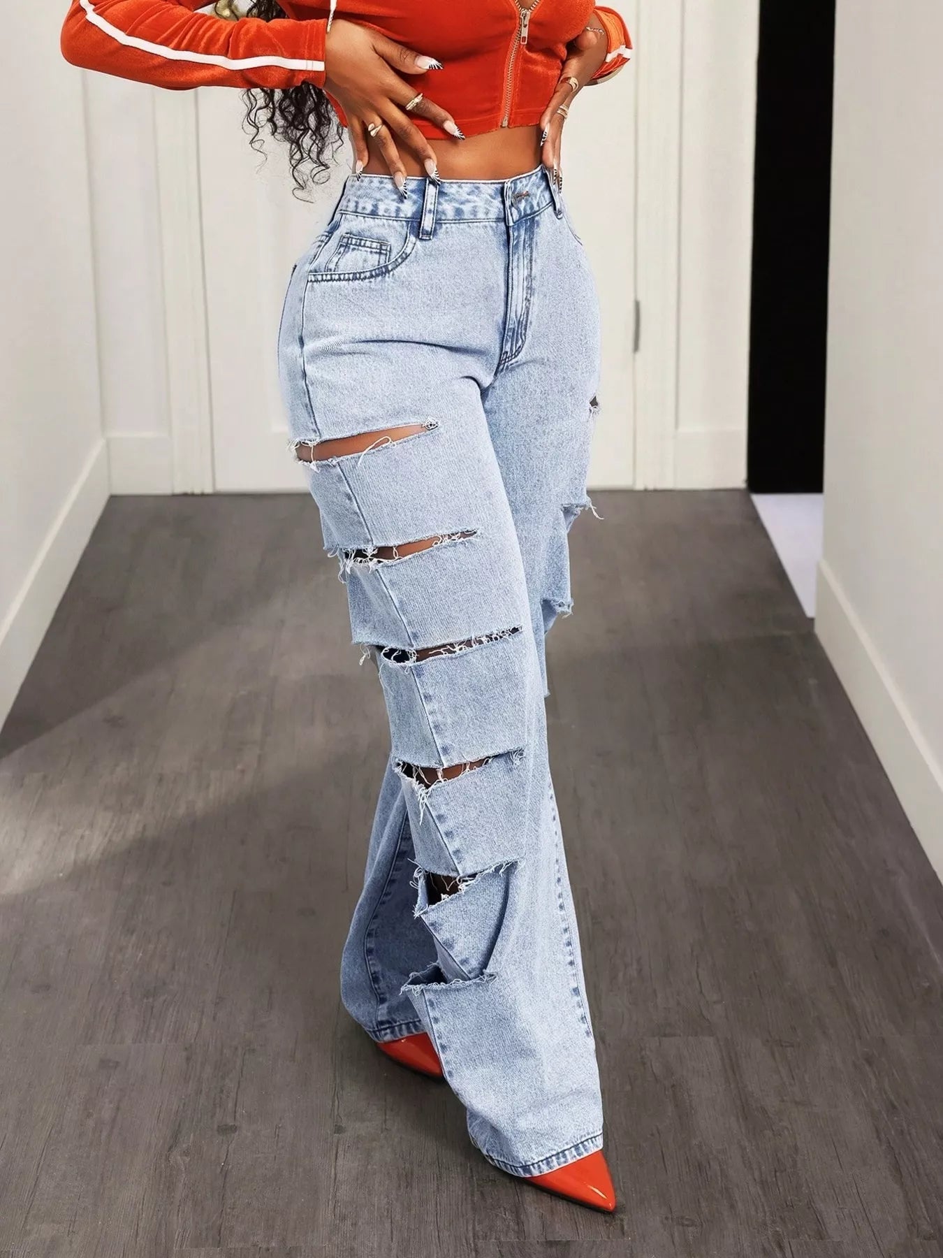 Distressed Wide Leg Jeans - Godess beauty 