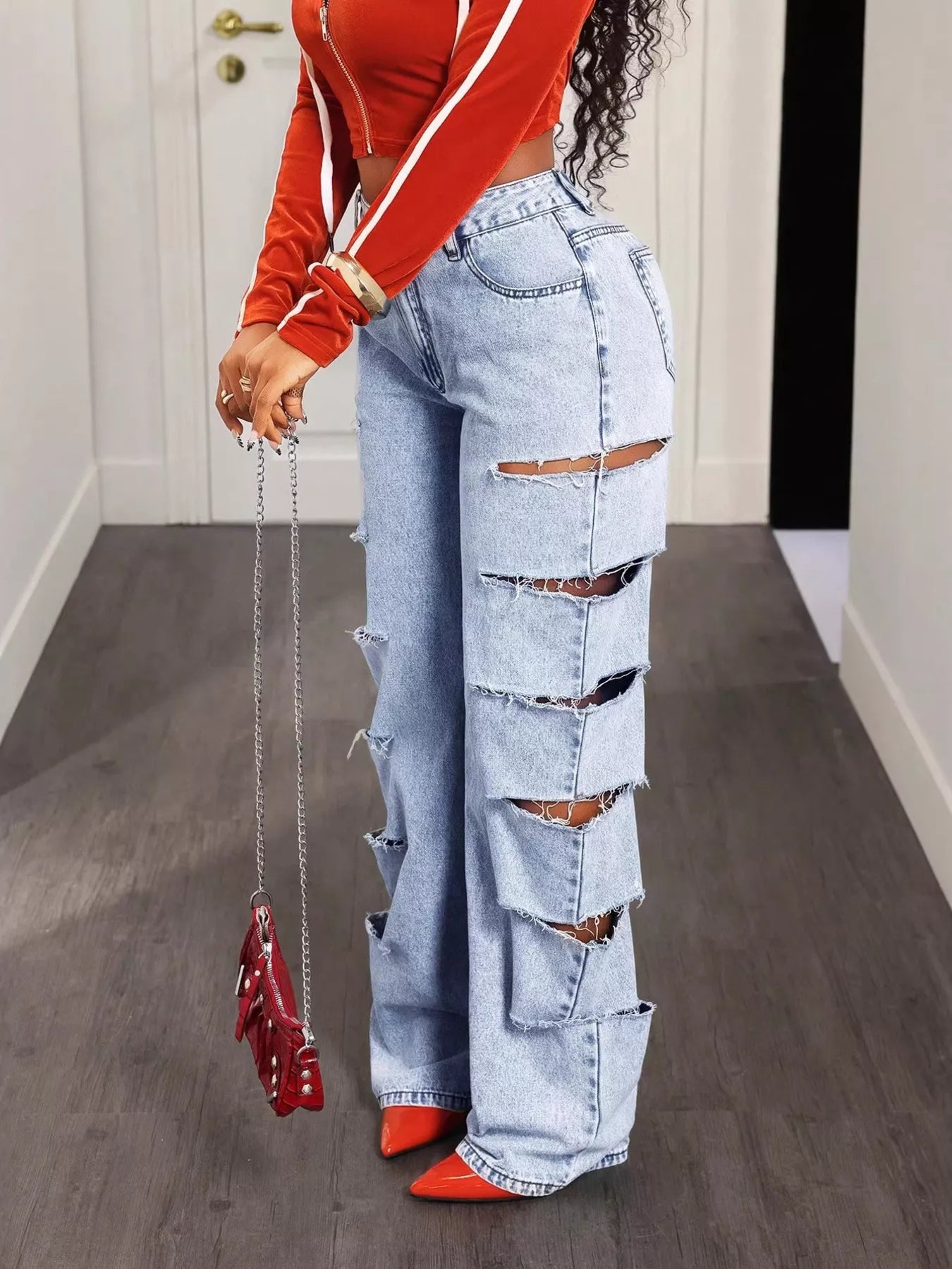 Distressed Wide Leg Jeans - Godess beauty 