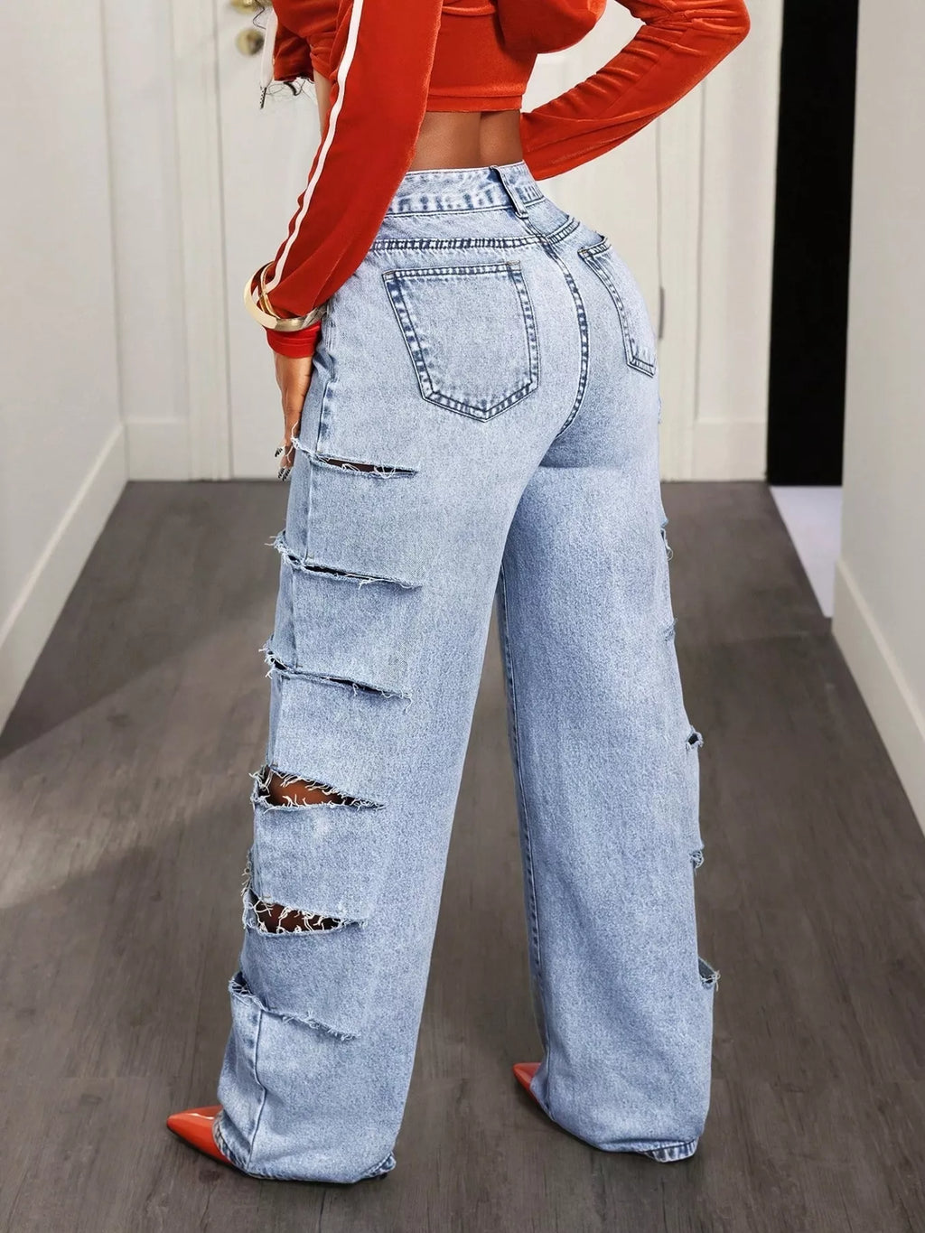 Distressed Wide Leg Jeans - Godess beauty 