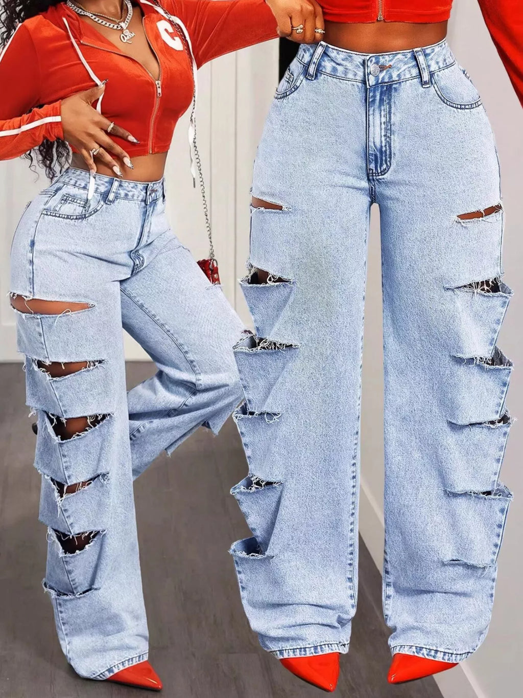 Distressed Wide Leg Jeans - Godess beauty 