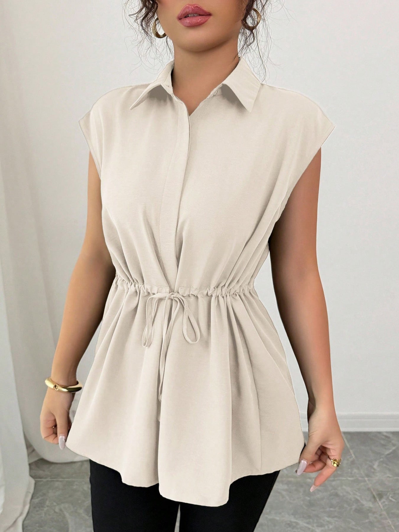 Drawstring waist cap sleeve shirt - Godess beauty 