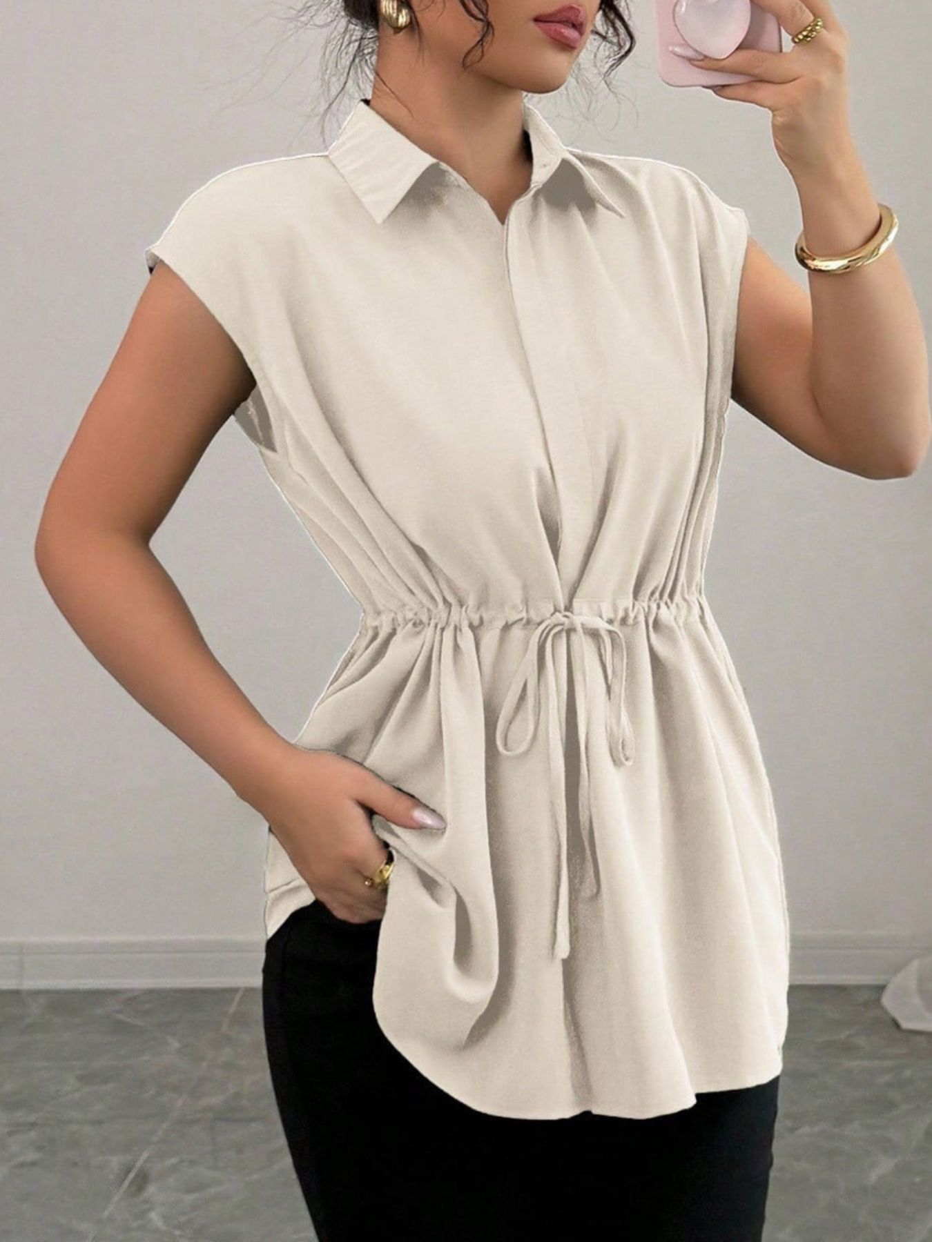 Drawstring waist cap sleeve shirt - Godess beauty 