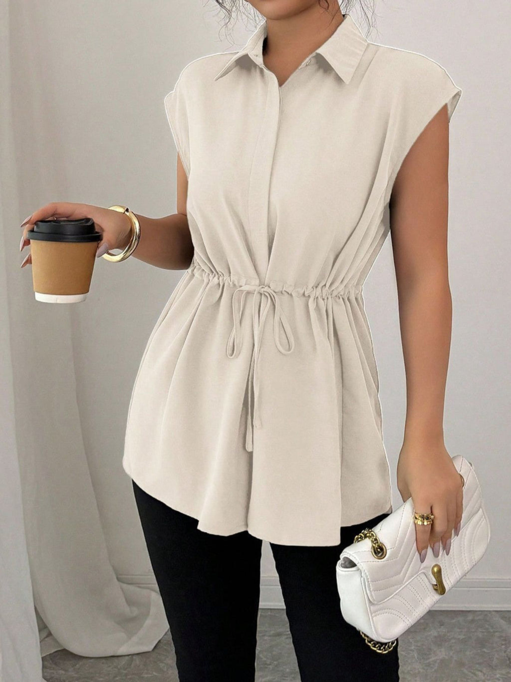 Drawstring waist cap sleeve shirt - Godess beauty 