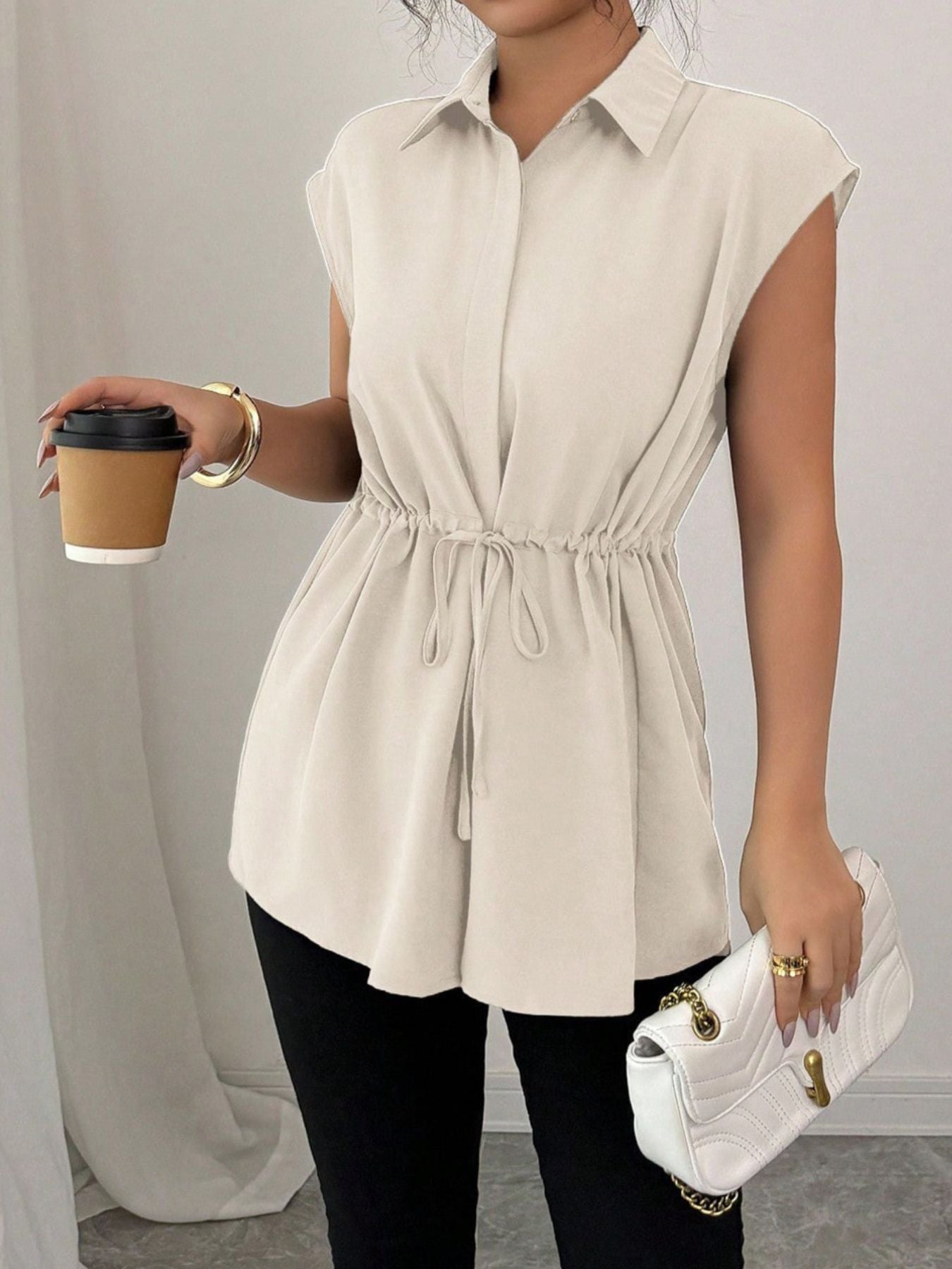 Drawstring waist cap sleeve shirt - Godess beauty 