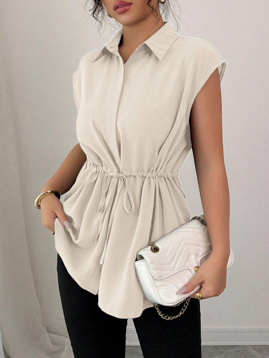 Drawstring waist cap sleeve shirt - Godess beauty 