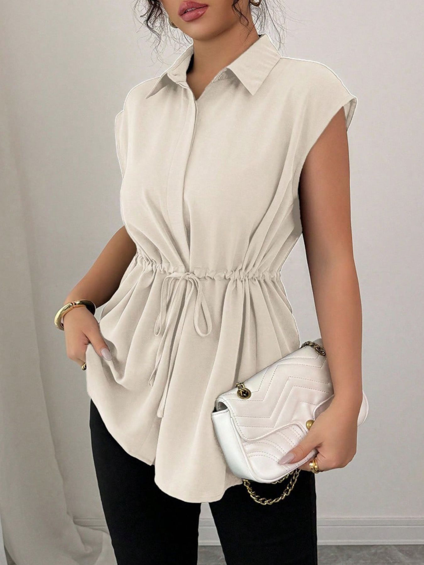 Drawstring waist cap sleeve shirt - Godess beauty 