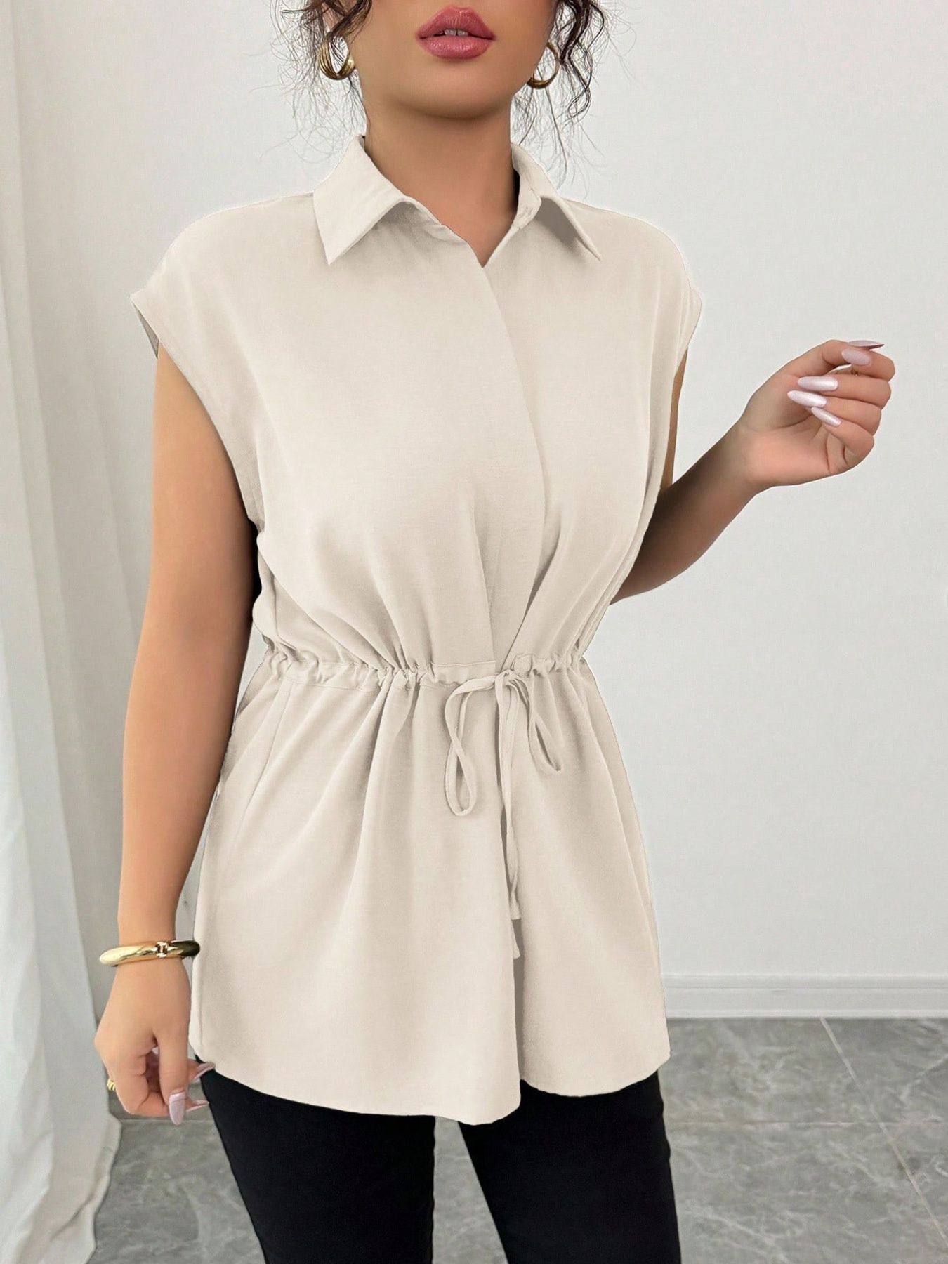 Drawstring waist cap sleeve shirt - Godess beauty 