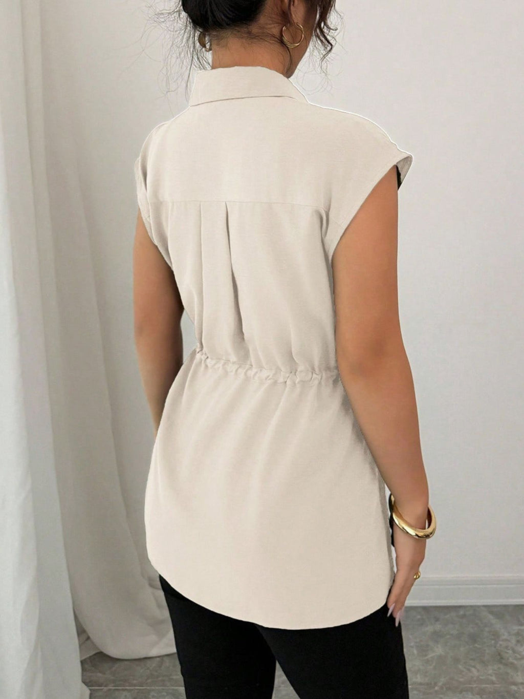 Drawstring waist cap sleeve shirt - Godess beauty 