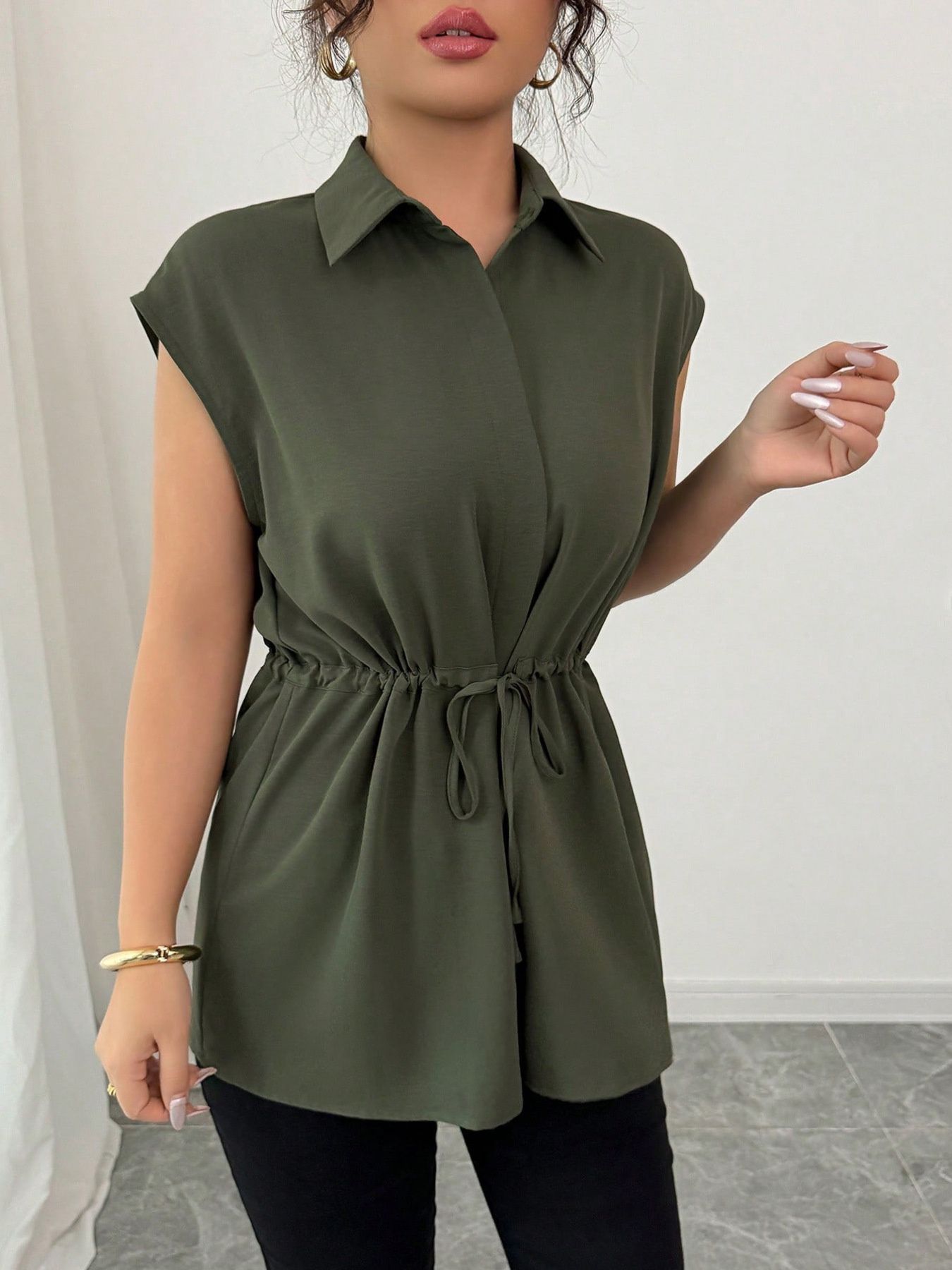 Drawstring waist cap sleeve shirt - Godess beauty 