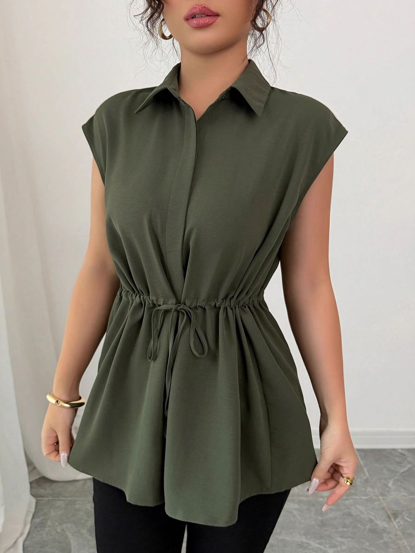 Drawstring waist cap sleeve shirt - Godess beauty 