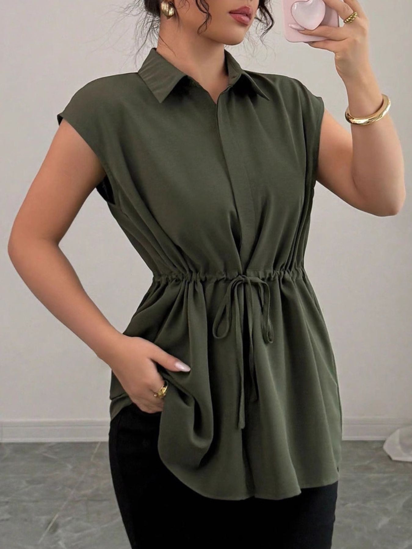 Drawstring waist cap sleeve shirt - Godess beauty 