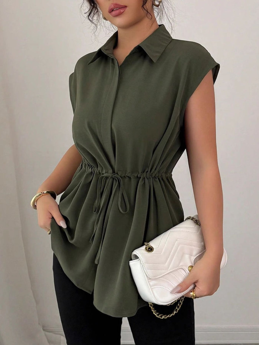 Drawstring waist cap sleeve shirt - Godess beauty 