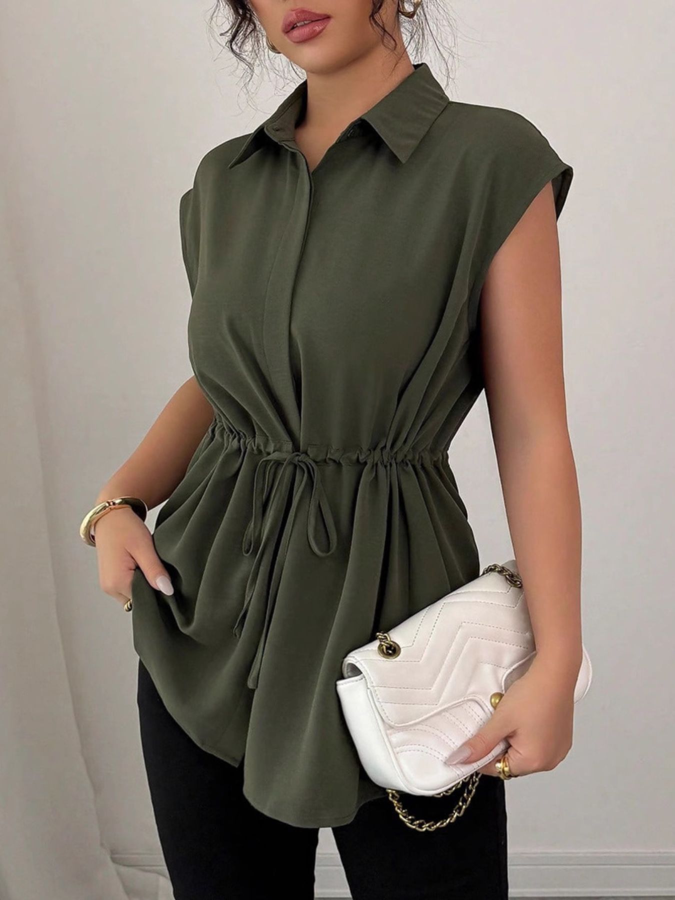 Drawstring waist cap sleeve shirt - Godess beauty 
