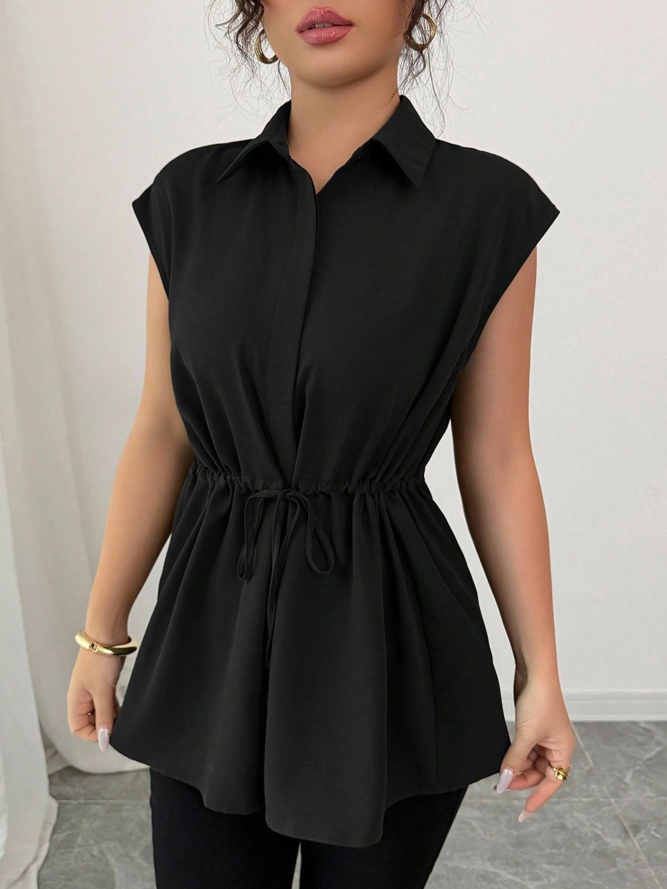 Drawstring waist cap sleeve shirt - Godess beauty 